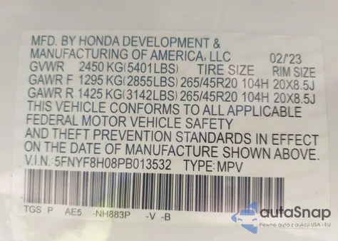 2023 Honda Passport Awd Elite из США, поврежденный, VIN 5FNYF8H08PB013532